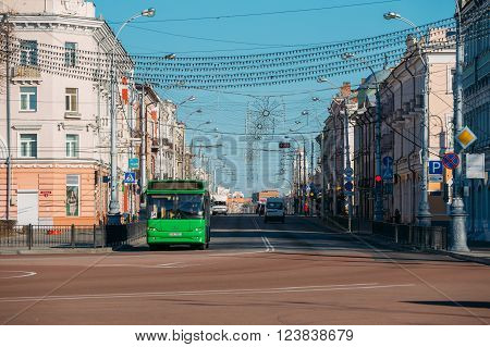 Gomel, Belarus - March 27, 2016: Morning Traffic On Sovetskaya street In Gomel, Belarus