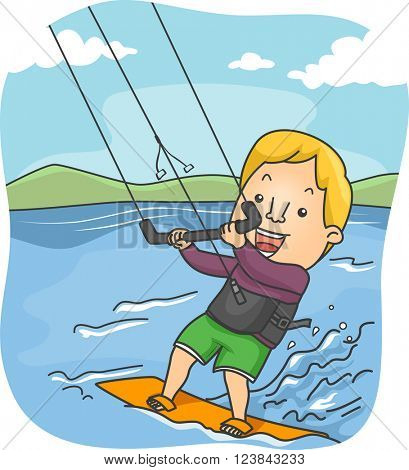 Illustration of a Male Kite Surfer Riding the Waves