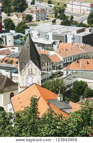 Roman catholic church of the Birth of Mary, Trencin, Slovak republic. Vertical composition.