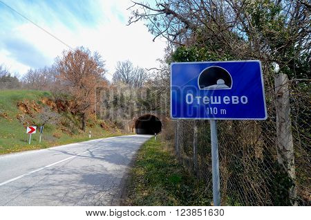 Picture mof traffic sign and tunnel in Prespa macedonia