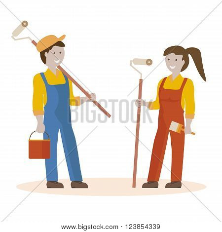 House painter vector flat characters with paint equipment. Vector flat illustration. Team of painters