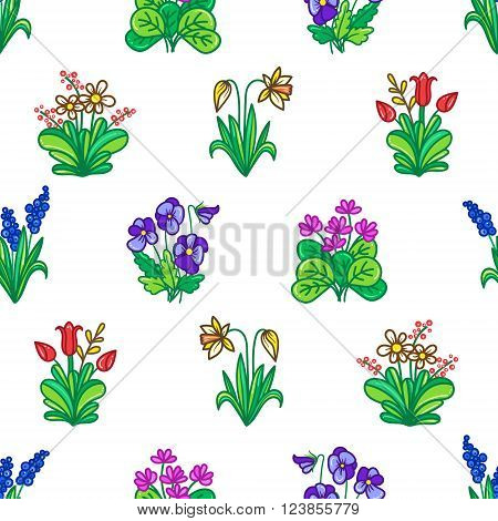 Seamless background with spring garden flowers on a white background.Cartoon Floral background for your design.