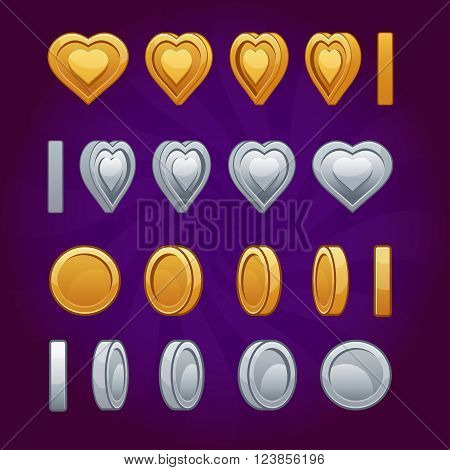 Cartoon Rotation animation coin and heart coin turns around, frame by frame, gold, silver