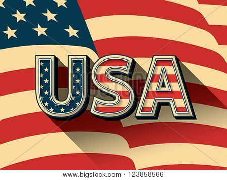 USA - stylized letters on American flag background.