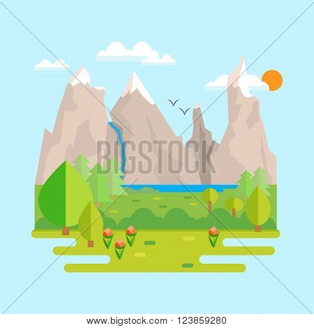 Mountain landscape in vector in a flat style. Meadow with flowers and trees with a mountain lake and mountains in the background on a sunny day.