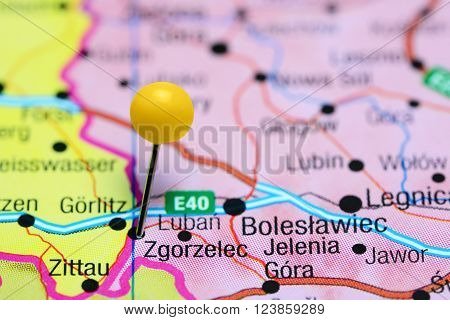 Photo of pinned Zgorzelec on a map of Poland. May be used as illustration for traveling theme.