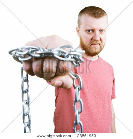 Bearded man with a chain around the knuckle