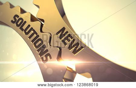 New Solutions - Concept. Golden Metallic Gears with New Solutions Concept. New Solutions on the Mechanism of Golden Cogwheels with Glow Effect. New Solutions on Mechanism of Golden Gears. 3D Render.