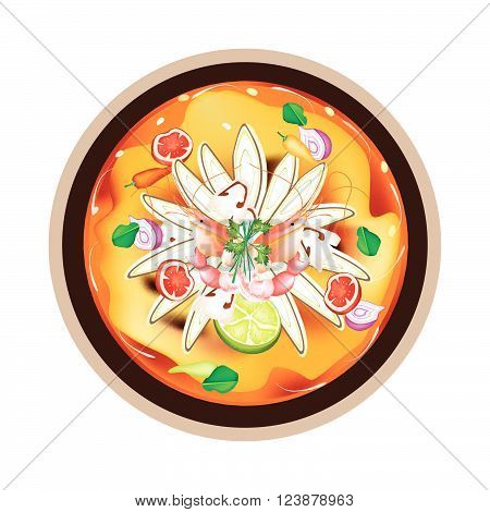Thai Cuisine Tom Yum Goong or Thai Spicy and Sour Soup with Shrimps Mushroom Coconut Milk and Herbs. One of The Most Famous Thai Soup in The World.