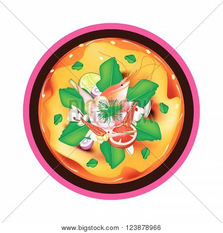 Thai Cuisine Tom Yum Goong or Thai Spicy and Sour Soup with Shrimps Mushroom Coconut Milk and Herbs. One of The Most Popular Thai Soup in The World.
