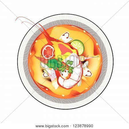Thai Cuisine Tom Yum Goong or Thai Spicy and Sour Soup with Shrimps Mushroom Coconut Milk and Herbs. One of The Most Famous Food in Thailand.