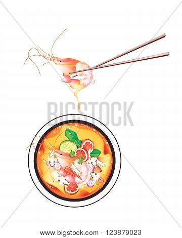 Thai Cuisine Tom Yum Goong or Traditional Thai Spicy and Sour Soup with Shrimps Mushroom Coconut Milk and Herbs. The Most Famous Thai Recipe in The World.