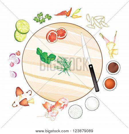 Thai Cuisine 14 Ingredients Tom Yum Goong or Thai Spicy and Sour Soup with Prawns. One of The Most Popular Dish in Thailand.