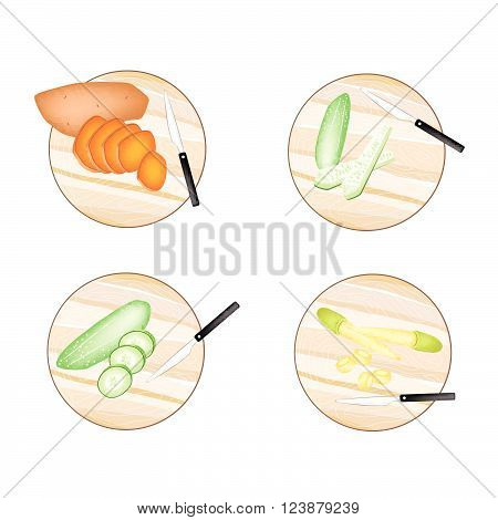Vegetable Illustration of Orange Sweet Potatoes Cucumber and Baby Corns on Wooden Cutting Boards.