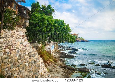 Old town Sozopol at Black Sea. Picturesque sea landscape. Coastline in the old town of Sozopol at Black Sea Bulgaria. Old fortress wall. Architectural and Historic Complex.