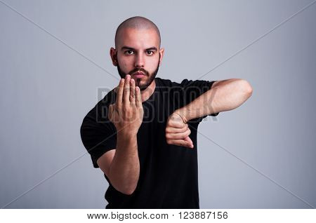 Chinese martial arts defense and fighting position. Wing-Chun master or student concept