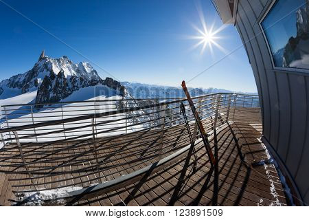 Landscape from the upper station (3466 mt) of the Skyway cable-car. Panorama over Mont Blanc glaciers. Winter sunny day. Courmayer, Italian Alps, Europe.