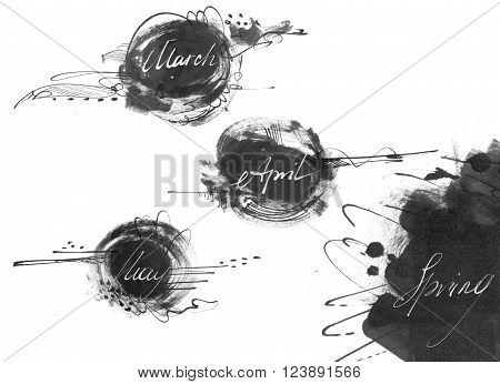 Set of names of spring month: march april may drawn by hand with liquid ink dye in freehand style. Large raster illustration grainy stylish with blobs and brush smears isolated on white.