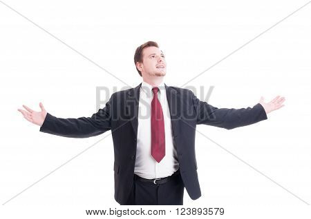 Businessman, Accountant Or Financial Manager With Arms Outspread
