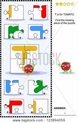 What's missing? Visual educational puzzle to learn with fun the letters of English alphabet: letter T (T is for tomato). Answer included.