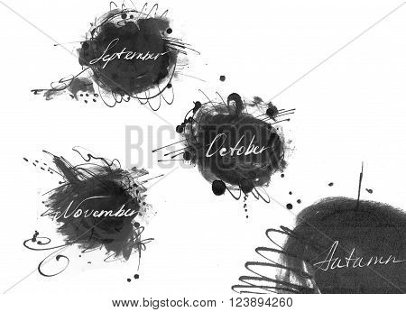 Set of names of autumn month: september october november drawn by hand with liquid ink dye in freehand style. Large raster illustration grainy with blobs and brush smears isolated on white.