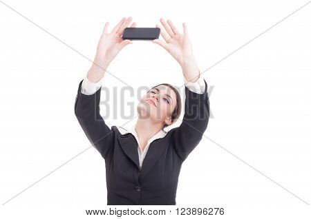 Attractive Young Business Woman Taking A Selfie Using Smartphone Camera