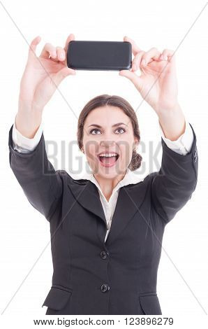 Beautiful Young Business Woman Taking A Selfie Using Smartphone Camera