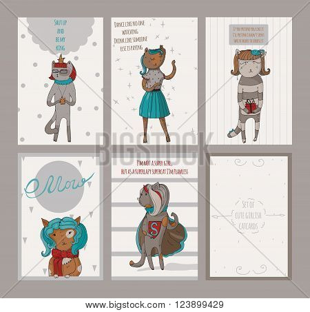 Set of female vertical cards with cats with reverse and text. Vector illustration dedicated to love romance and relationship. All cat characters are cute and kind with gift or fun quote