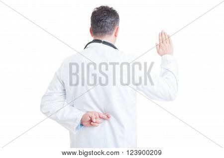 Doctor Making False Oath With Crossed Fingers Behind Back