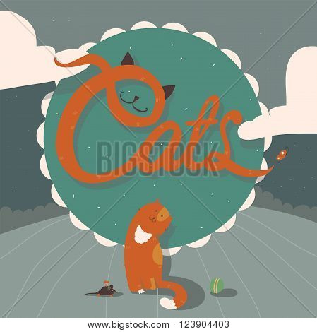 Vector illustration of cute funky ginger cat sitting near large word Cats outdoors on the hill. Lettering is made with ears and nose of the kitten. Square design green and blue color background.