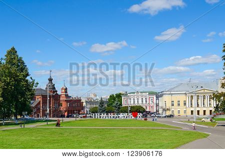 VLADIMIR RUSSIA - AUGUST 21 2015: Unidentified people walk on the Cathedral Square Vladimir Golden Ring of Russia