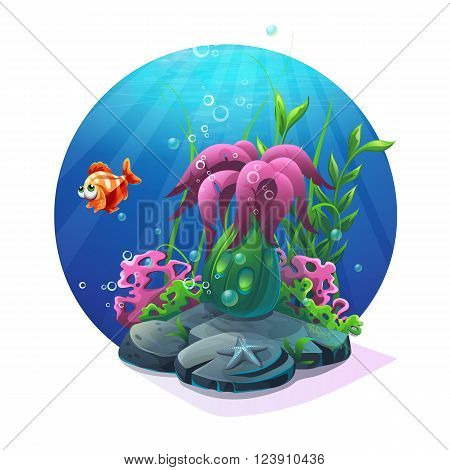 Undersea world. Marine life on the sandy bottom of the ocean. For design websites and mobile phones printing.
