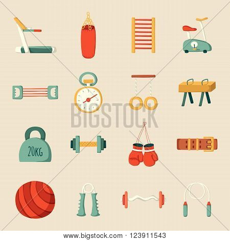 Set of cartoon gym icons. Sport healthy life concept. Fitness equipment design