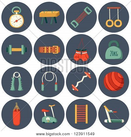 Set of cartoon gym icons. Sport healthy life concept. Fitness equipment design