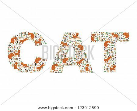 Large word Cat made with ginger kittens collars cat toys mouses broken and normal flowers animal food and medals. Bright funky and kind image isolated on white vector.