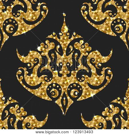 Golden gritter seamless pattern. Vector background with damask ornaments. Gold sparkle design. Wallpaper print with gold.