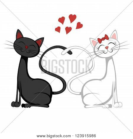 A black tomcat and a white pussycat is sitting and smiling in love
