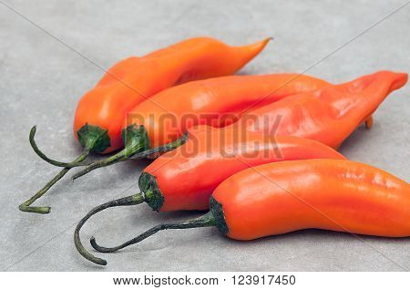 Group of aji amarillo hot chili peppers on stone background