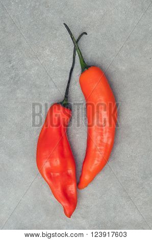 Pair of aji amarillo hot chili peppers on stone background from above