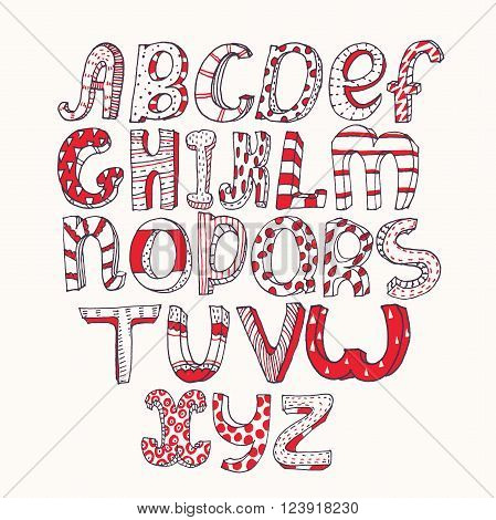 Hand-drawn black red and white capital letters alphabet stylish simple geometric ornate with stripes and dots three-dimensional perfect for education and lettering.