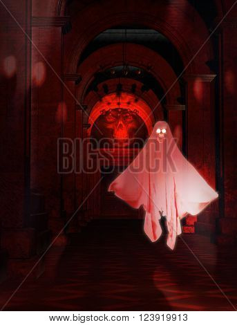 3D Illustration of a scary ancient corridor with a ghost.