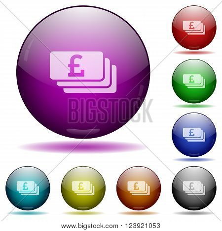 Set of color Pound banknotes glass sphere buttons with shadows.