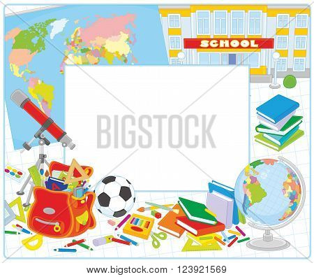 Vector school border frame with a globe, a schoolbag and other educational items