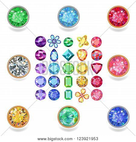 Popular colored gems cuts set gradation by color of the rainbow isolated on white background vector illustration