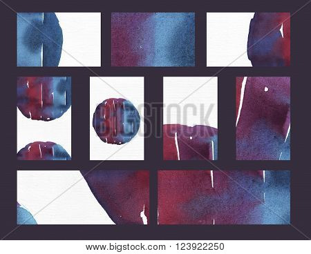 Set of watercolor horizontal and vertical cards and banners based on colorful gradient striped circles. Illustration is large grainy branding and freehand drawn. Main colors are blue and purple.
