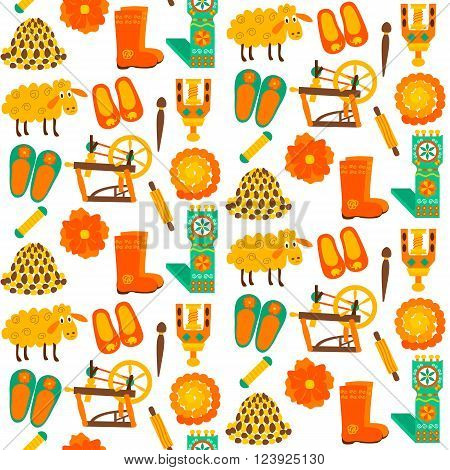 Seamless texture with handmade wool products over white. Vector illustration of milled wool products and tools for felting.