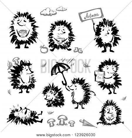 Set cute hedgehog, hand drawn, vector illustration