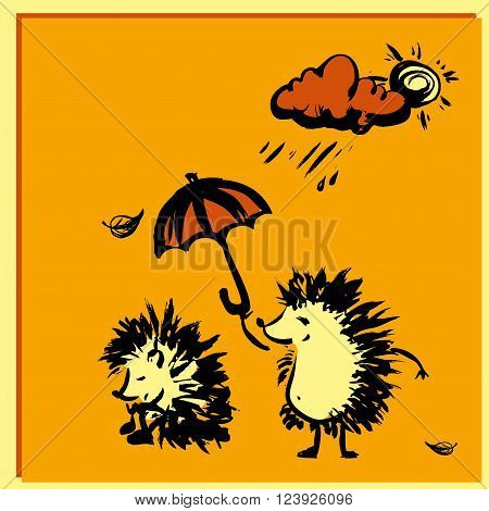 Hedgehog holding an umbrella over another hedgehog rain. hand drawing, vector illustration