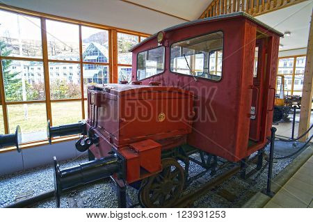Flam, Norway - May 05, 2013: an old red trolley in Flamsbana museum