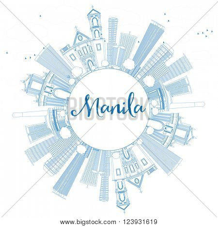 Outline Manila Skyline with Blue Buildings. Vector Illustration. Business Travel and Tourism Concept with Copy Space. Image for Presentation Banner Placard and Web Site.